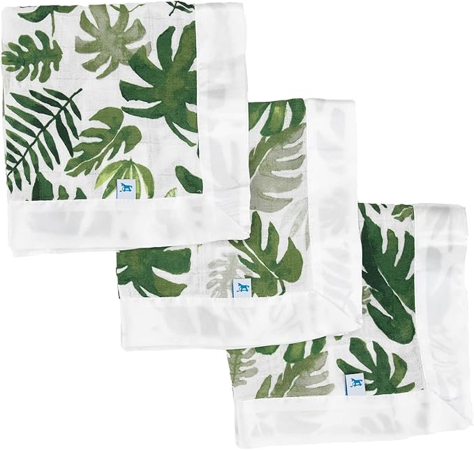 Little Unicorn Security Blankets 3 Pack | 100% Cotton Muslin with Satin Border| Super Soft and Breathable | Baby, Infant, Toddler | Lovey for Boys and Girls | Tropical Leaf