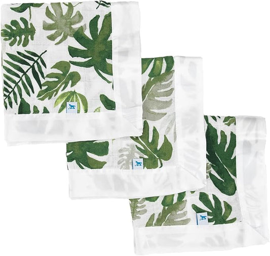 Little Unicorn Security Blankets 3 Pack | 100% Cotton Muslin with Satin Border| Super Soft and Breathable | Baby, Infant, Toddler | Lovey for Boys and Girls | Tropical Leaf
