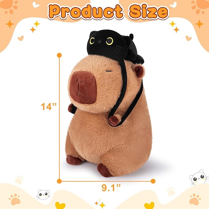 Achwishap Capybara Plush,Capybara Stuffed Animal Cute Plushies,Capybara Plush Toys,Kawaii Plushie Stuffed Toy with Black Cat Backpack Plushies Gifts for Kids Adults(Capybara with Black Cat,14”)