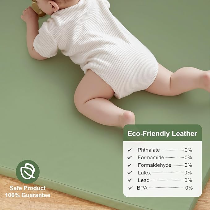 Baby Play Mat for Floor,50x50 Playpen Mat,Non-Slip Leather&Thick Foam Floor Cushion,Removable Waterproof Cover,Easy Care for Baby Crawling,Toddler,Kids,Tummy Time（Sage Green)