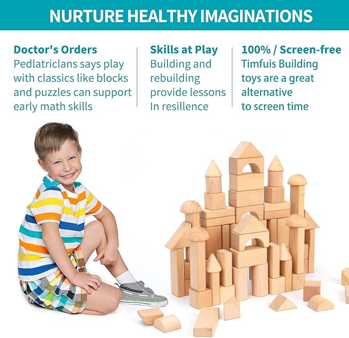 Wooden Building Blocks Set, 80 PCS Natural Wood Stacking Block Toy with Carrying Bag, Montessori Learning Birthday Gifts for 3 4 5 Year Olds Toddlers Kids Boys Girls Children