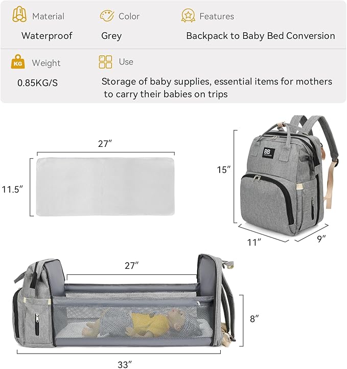 Diaper Bag Backpack with Changing Station – Large Waterproof Baby Bag for Moms & Dads, Pañaleras para Bebe, Multifunctional Diaper Backpack for Baby Girl, Travel Essentials (Gray)
