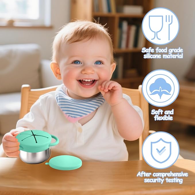 Mity rain 2-Pack Stainless Steel Snack Containers for Kids with Spill-Proof Silicone Lids & Handles - 3-in-1 Baby Snack Cups, No-Spill Toddler Snack Box, Perfect for On-the-Go Healthy Eating