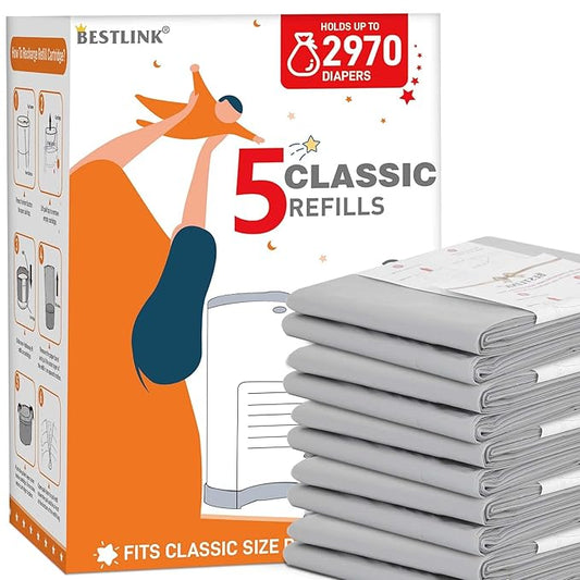 5 Pack Refills Compatible with DEKOR CLASSIC Diaper Pails | 20% Extra Length Diaper Pail Refill Bags Liners Holds 2970 Diapers | Ultimate Odor Control with Baby Scented