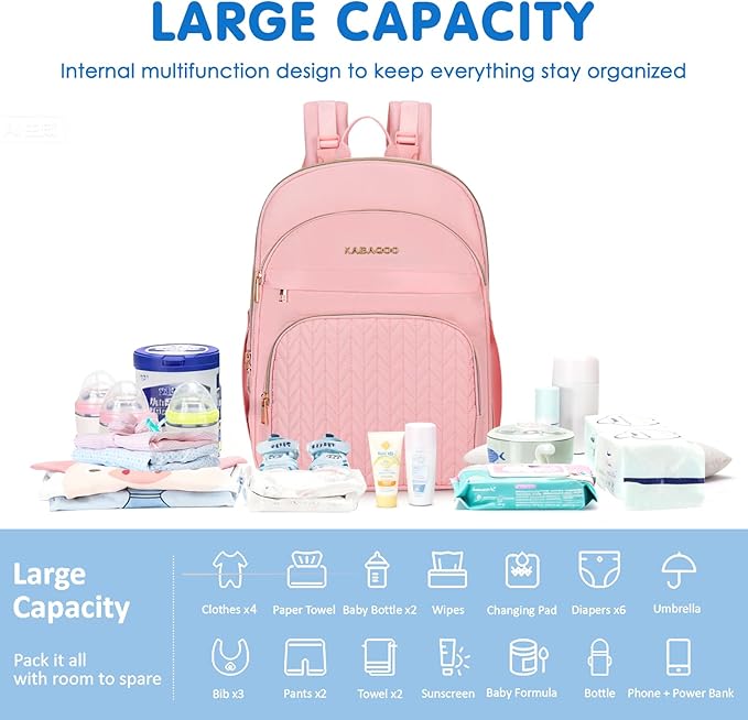 KABAQOO Baby Diaper Bag Backpack, Waterproof Diaper Backpack for Mom & Dad with Changing Pad, Insulated Pockets and Stroller Straps, Baby Shower Gifts for Girls & Boys, Pink