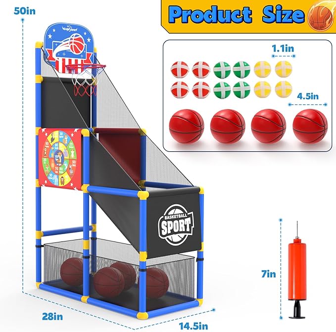 EagleStone 2-in-1 Kids Arcade Basketball Hoop with Dart Board,4 Balls Adjustable Height Basketball Toy Indoor Outdoor Carnival Games Gift for Boys Girls Toddlers Ages 3-12 Years Old,Pump Included