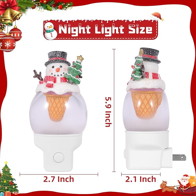 Christmas Snowman Night Light Plug into Wall Swirling Glitter USB Portable Christmas Decorative Night Light Decoration for Bedroom Kitchen Living Room Holiday Decor (Snowman Cookie Cone)