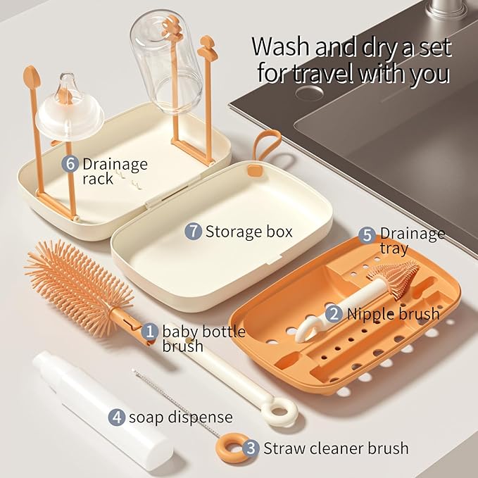 7in1 Travel Bottle Cleaner kit,Baby Essentials, with Bottle Brush、Nipple Brush、Straw Cleaner Brush、Soap Dispenser、Bottle Drying Rack、Drainage Tray、Storage Box,Baby Travel Essential (White)