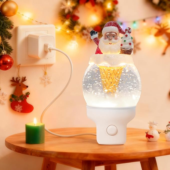 Christmas Night Light Plug into Wall Swirling Glitter USB Portable Christmas Decorative Night Light Decoration for Kids Adults Bedroom Kitchen Living Room Holiday Decor (Santa Cookie Cones)