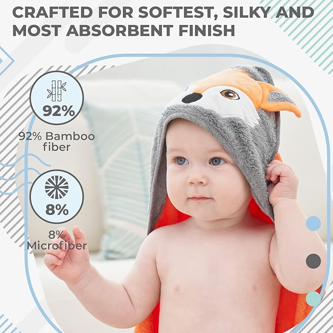 Munich Blue Toddler Bath Towel & Baby Bath Towels - Extra-Large, Plush, and Absorbent Toddler Towels - Cute Fox Face Design Vibrant Orange - Hooded Baby Towels, Soft Bamboo Viscose, Newborn Essential