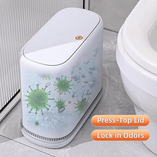 MOPALL Dog Proof Trash Can, 3.3 Gallon Slim Bathroom Trash Can with Locking Lid, Pet Proof Small Garbage Can, Compact Narrow Waste Bin for Bathroom, Kitchen, Office, Bedroom, White