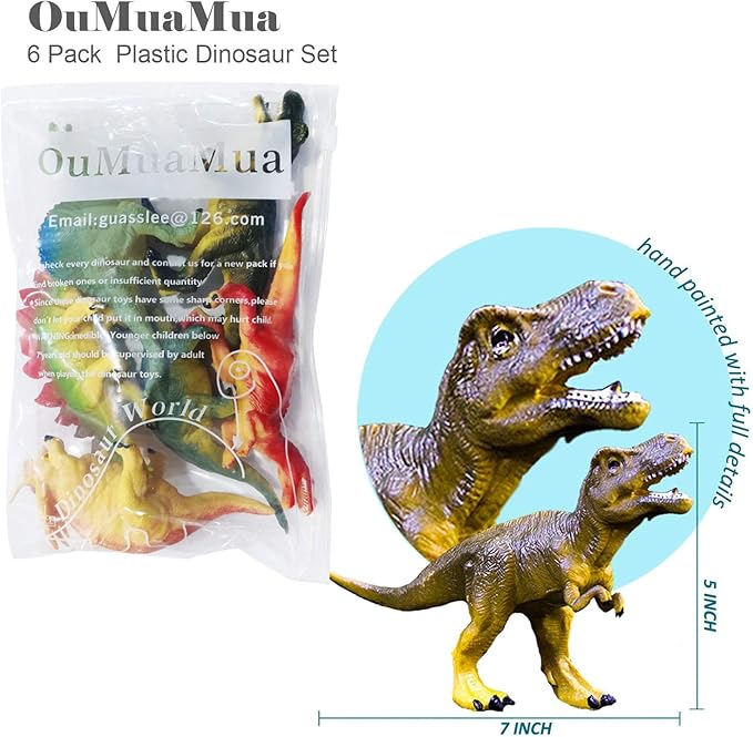 OuMuaMua Dinosaur Toys, Plastic Dinosaur Figure Set, Ideal Education Toys for Kids, Including T-Rex, Stegosaurus, Monoclonius, 6 to 7 Inch Large Size, 6 Pack