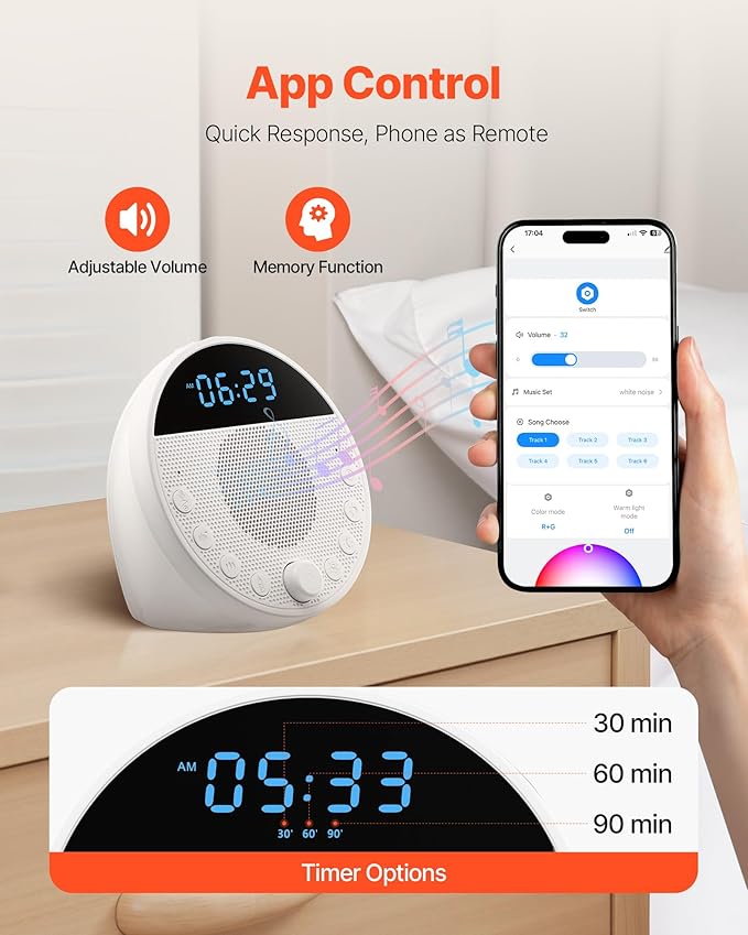 VEVOR Sound Machine, 18 Soothing Sleep Sounds, 7-Color Night Light, 6-in-1 White Noise Sound Machine with Dual Alarms, APP, Auto-Off Timer and Memory Function, for Baby, Adults, Home, Office & Travel