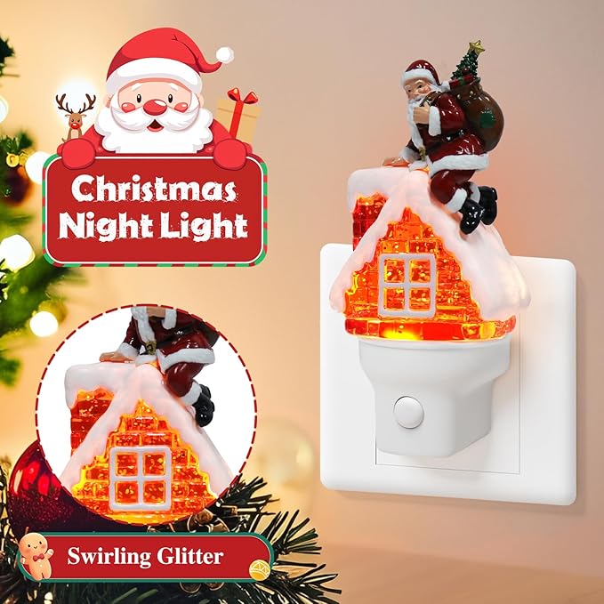 2 Pack Christmas Santa Night Light Plug into Wall Glitter Water Nightlight with USB/Outlet Options, Christmas Decorative Nightlight for Bedroom Kitchen Hallway Holiday Decorations Gifts (Santa)