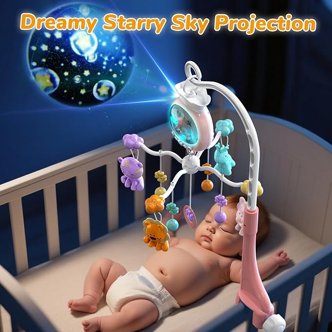 Crib Mobile with Music and Lights, Baby Mobiles for Cribs, Nursery Mobile Arm Hanging Toys for Bassinets Girls Boys Babies, Musical Infant Space Portable Mobiles Clip On Pack and Play Hanger