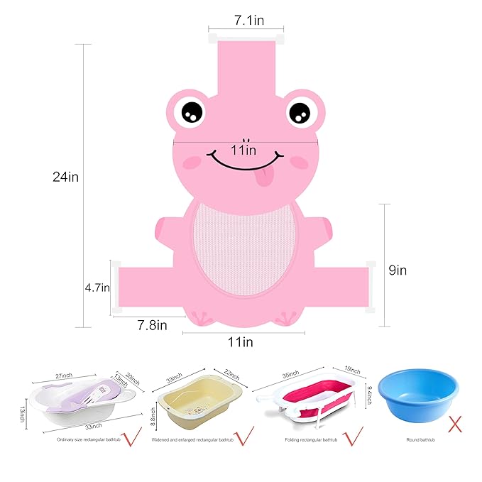 Baby Bath Seat Support Net, Quick Drying, Adjustable, Comfortable, Non-Slip, Infant Bathtub Sling Shower Mesh for a Tub, Soft Newborn Bath Mat (Deep Pink Frog)