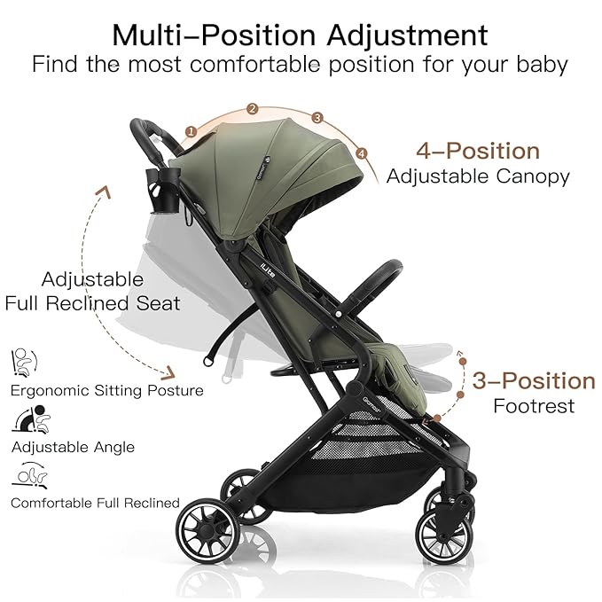 Compact Fold Baby Stroller, Lightweight Travel Toddler Stroller with One-Click Fold, Extendable UPF50+ Canopy, Cup Holder, UV Protected and Waterproof, One-Hand Folding - Green