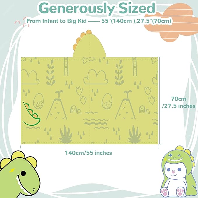 HECCEI HoodieHug Baby Towels, Premium Coral Fleece Bath Towel with Large Size-Ultra Absorbent for Baby Comfort- Great Gift for Newborn, Toddler and Kid (Dinosaur)