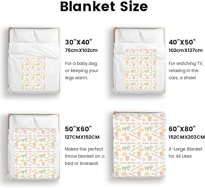 Ship Next Day Personalized Baby Blanket, Printed in USA - Custom Name Toddler Blanket with Plush Bear Pattern, Personalized