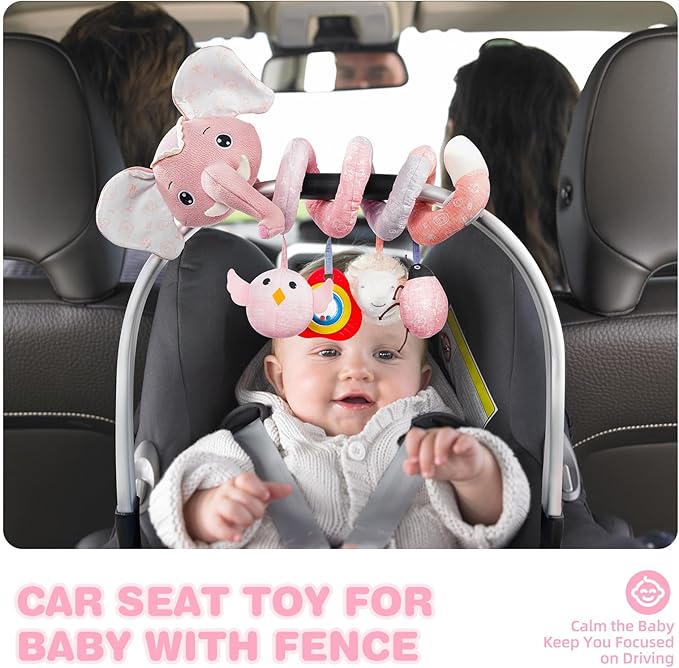 Jollybaby Crib Stroller Car Seat Toys for Baby 0-3-6-9-12 Months, Tummy Time Hanging Sensory Toys for Newborn with Music Box and Teether, Spiral Carseat Toy for Boys Girls Gifts (11-Sz Pink Elephant)