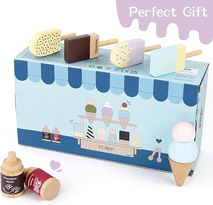 Wooden Ice Cream Play Set for Kids – 24 PCS Pretend Ice Cream Toy Counter with Cones, Popsicles, Toppings, Sauces & Spoons – Wooden Play Food Toys, Role Kitchen Accessories for Toddlers 3-5