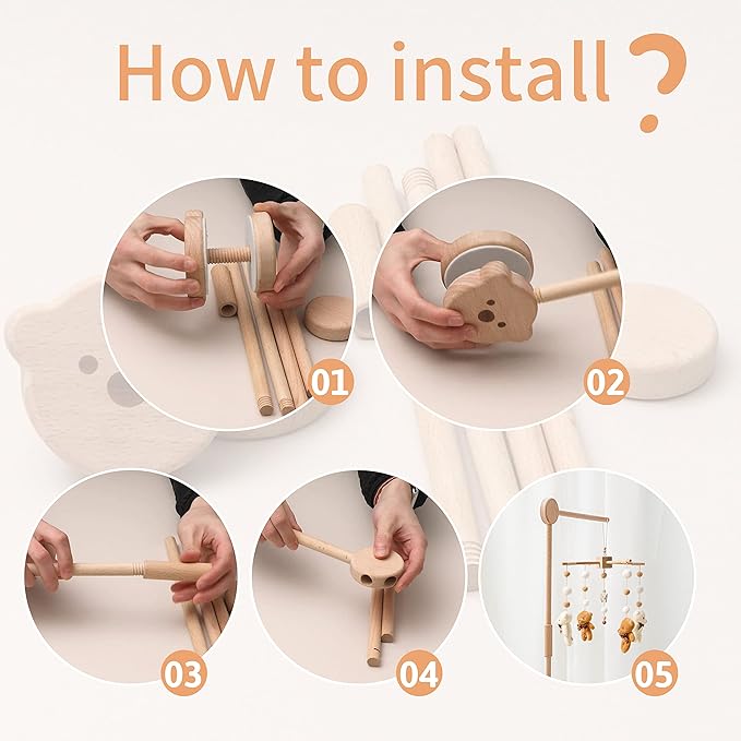JETMHH Wooden Crib Mobile Arm | Crib Mobile Holder | Nursery Mobile Hanger Cartoon Bear | Horizontal 360 Rotatable, 2 Adjustable Hanging Angles Fits Thick Railings Nursery Decoration