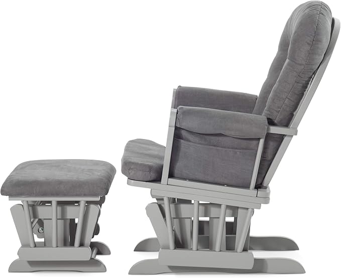 Child Craft Cozy Glider Rocker and Ottoman Set, Padded Cushion with Convenient Storage Pockets, Solid Wood Base & Frame (Cool Gray with Dark Gray Cushion)