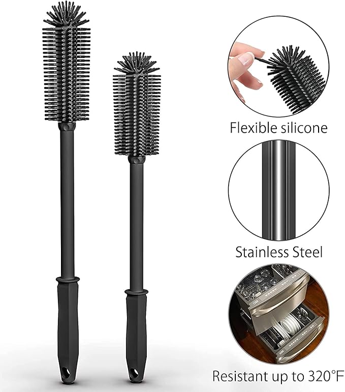 Long Silicone Bottle Cleaning Brush | 2 Pack| 16”+13”Water Bottle Brush Cleaner Brush for Hydro Flask,Glassware,Vacuum Sports Bottle&Vases,Silicone Water Bottle Cleaner Brush for Narrow Neck