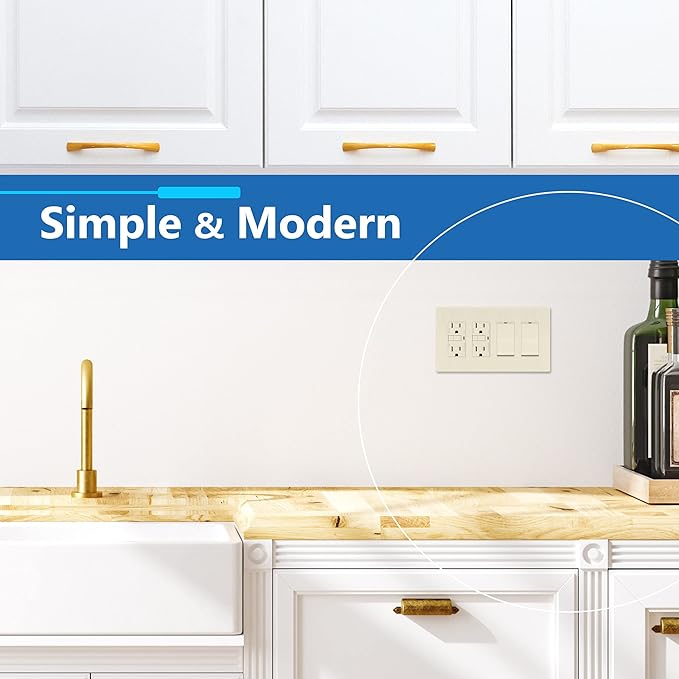 LIDER Brushed Finish Decorator Switch Cover, Screwless Wall Plate, Mid-Size 4-Gang 4.88" x 8.58", Unbreakable Polycarbonate Thermoplastic, UL Listed, LSWP-34M-BLA, Brushed Light Almond