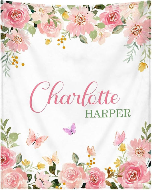 Personalized Baby Blankets for Girls Women Custom Baby Blanket with Name for Kids Toddlers Adult Soft Fleece Bed Throw Blanket for Newborn Customized Baby Girl Gifts for Birthday Baby Shower