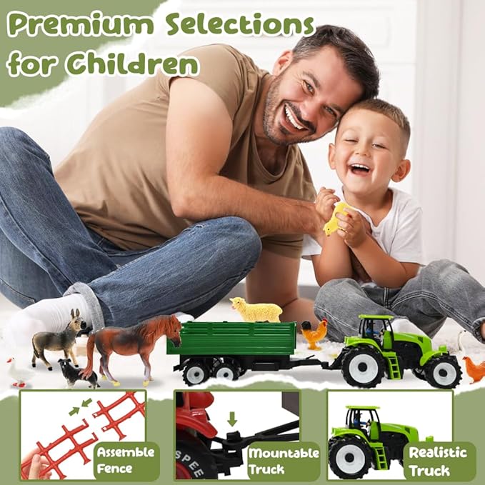 Farm Animal Figures Toy, Realistic Plastic 2 Farm Truck Playset with Trailer, Farmer Fence Storage Box, Christmas Birthday Easter Gift for Kids 3-8
