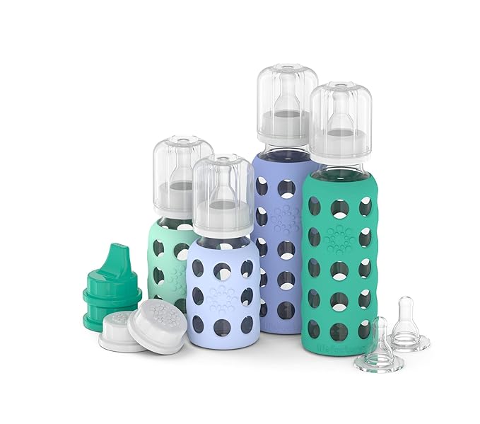 Lifefactory Baby Bottle Starter Set 10-Piece | 4 oz Mint & Blanket, 9 oz Kale & Blueberry | Includes Flat Caps, Sippy Caps, Stage 2 Nipples