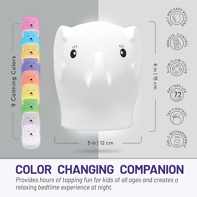 Lumipets Remote Control Silicone Night Light for Kids - Elephant Design with 9 Soft Colors & Sleep Timer - Rechargeable, Battery-Operated Lamp for Bedroom | Baby Nursery, Toddler, Girls, Boys