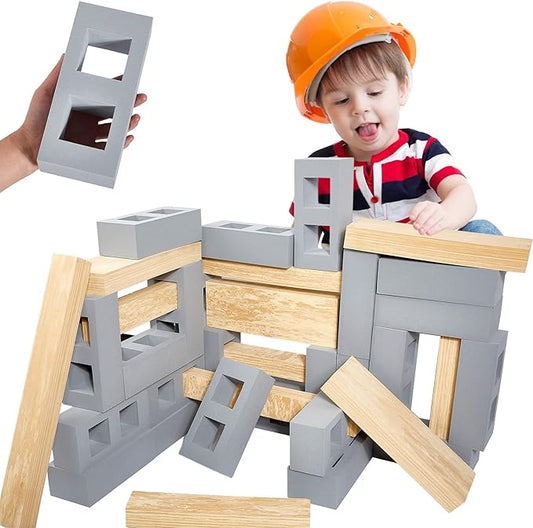 Deekin 25 Pcs Foam Brick Building Blocks and 12 Pcs Wooden Beam Foam Thick Cinder Blocks Large Fake Brick Builders Set for Construction and Stacking(Gray)