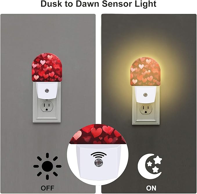 Red Love Hearts Night Light Plug into Wall,Romantic Sweet Red Heart Dusk to Dawn Night Light,0.5w Energy Saving Sleep Friendly Nightlights for Kids Boys Girls Home Decor