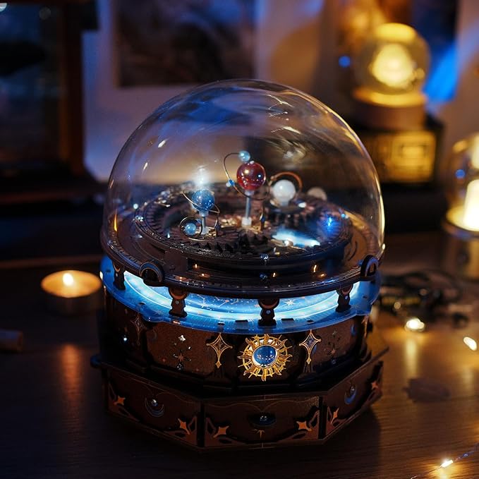 MU 3D Wooden Puzzles The Planisphere Rotating World Globes Craft Work 3D Metal Puzzle Models Kits Treasure Boxes Miniature Building, Music Box DIY Set Birthday New Year Gifts Home Desk Office Decor