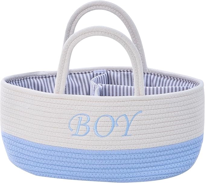 DUHEL Diaper Caddy Organizer with Handle,Baby Basket use for Diaper Organizer and Storage,Baby Boys Newborn Essentials,3 Compartments-Cotton rope Material Storage for Home or Travel.(White＆Blue)