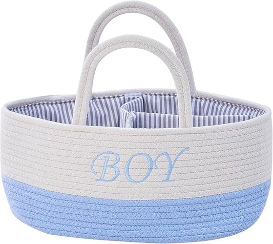 DUHEL Diaper Caddy Organizer with Handle,Baby Basket use for Diaper Organizer and Storage,Baby Boys Newborn Essentials,3 Compartments-Cotton rope Material Storage for Home or Travel.(White＆Blue)