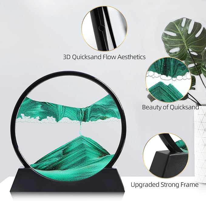 Moving Sand Art Liquid Motion, 3D Deep Sea Sandscape Color Quicksand Decor, Round Glass Moving Sand Art Picture Relaxing Desktop Home Office Work Decor (Green, 12 inch)