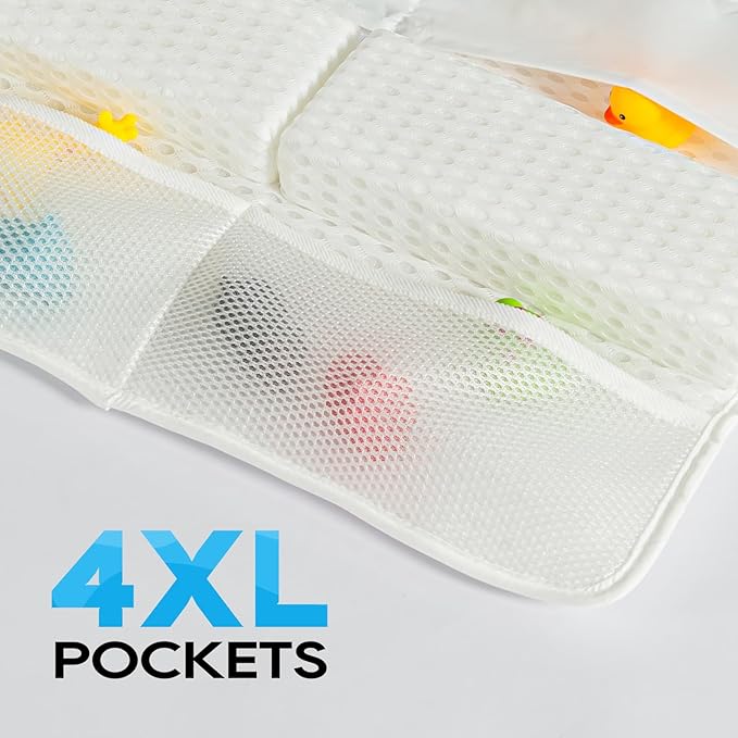 OS OMYSTYLE Baby Bath Kneeler and Elbow Rest Pad Set, 1.5'' Thick Quickly Dry Bathtub Kneeler Pad with Baby Toys & Bath Accessories Organizer, Kneeling and Elbow for Tub, Non-Slip Mat(White)