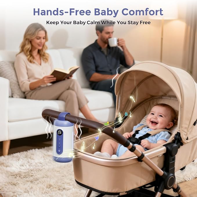 Rechargeable Hands-Free Baby Rocker & Sleep Soother – Portable Vibration Device with 6 Levels, 21 Melodies & Smart Sensor – Fits Most Strollers, Car Seats & Baby Gear, Travel Essential for Newborns