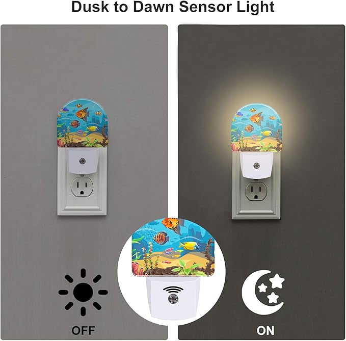 Colorful Fish and Marine Corals Night Light Plug into Wall, Beautiful Underwater Ocean World Dusk to Dawn Night Light, 0.5w Energy Saving Sleep Friendly Nightlights for Kids Boys Girls