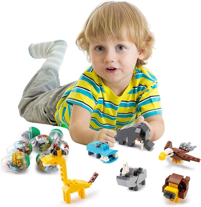 Wild Safari Toys - 12 Surprise Animal Eggs Standard Size Building Blocks STEM Toys - Educational Kids 3D Puzzle Party Favors
