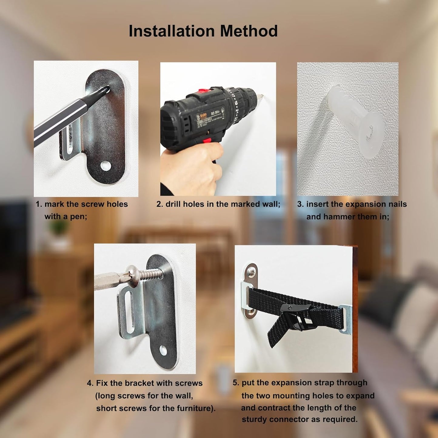 Anti Tip Furniture Anchors,(4 Sets) Adjustable Child Safety Anchors – Earthquake Proof & Baby Proofing Kit for Securing Dressers, TV Stands, Cabinets, Bookshelves.