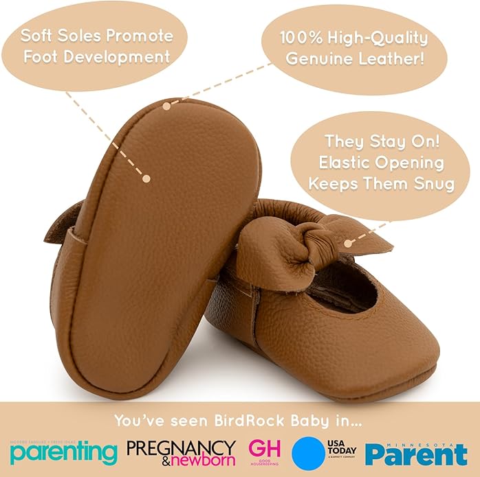 BirdRock Baby Bow and Knot Moccasins - Genuine Leather Baby Girl Shoes