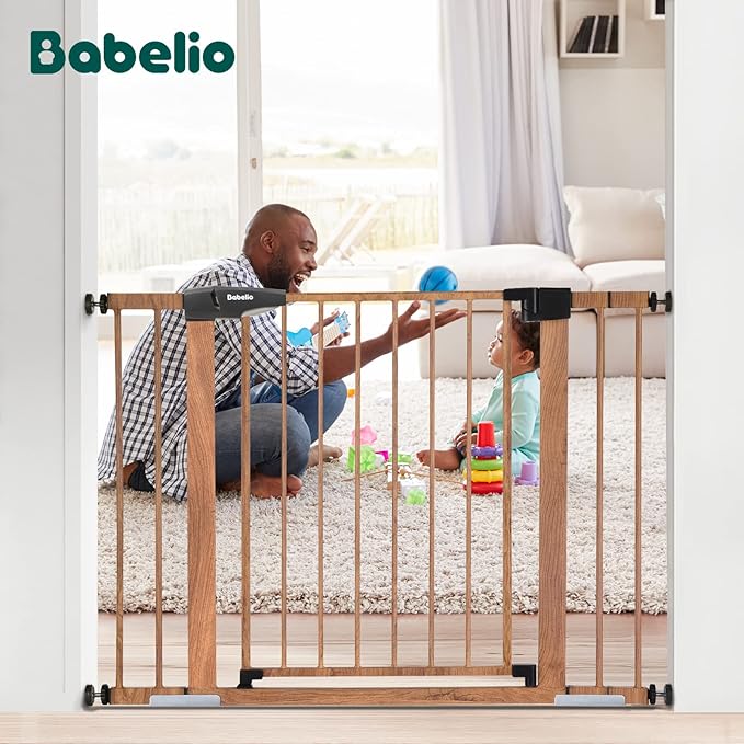 Mom's Choice Award Winner-BABELIO 26-40" Metal Baby Gate with Wood Pattern, PressGuard C5 Easy Install Pressure Mounted Dog Gate for Stairs and Doorways, with Wall Protectors and Extension Kits
