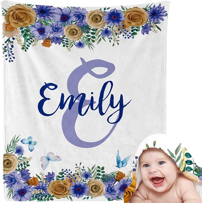 EVER2000 Personalized Baby Blanket for Girls, Custom Floral Baby Blanket with Name, Soft & Fuzzy Newborn Receiving Blankets for Toddler, Customized Baby Gifts for Birthday Baby Shower
