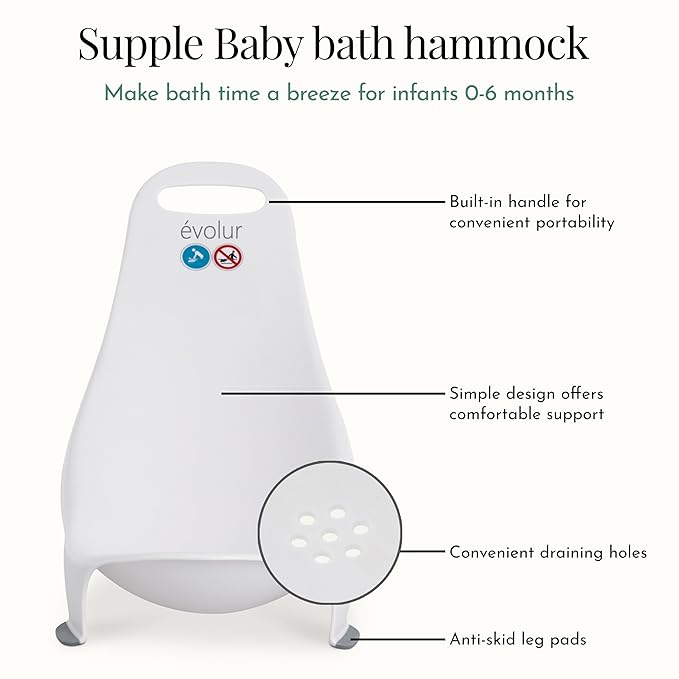 Evolur Supple Baby Bath Hammock – Portable Infant Bath Support with Built-in Handle & Anti-Skid Legs | Safe Newborn Bath Seat for Home, Travel & Everyday Use