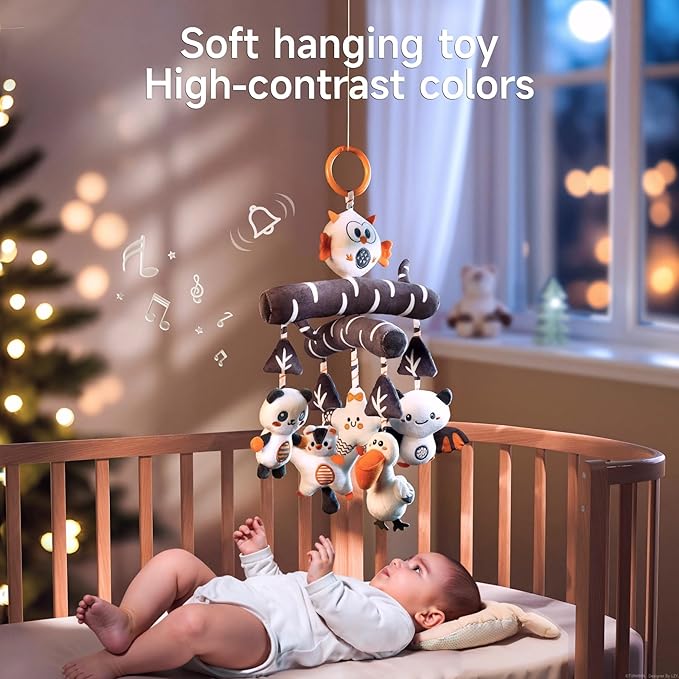 TUMAMA Black and White Crib Hanging Plush Toy, Active Plush Animal Crib Mobile, Sensory High Contrast Baby Toy for 0 3 6 9 to 12 Months