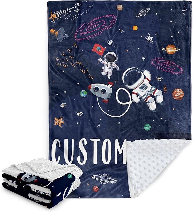 Custom Baby Blanket, Personalized Baby Blankets with Name for Boys Girls, Flannel Double Layer Dotted Backing Receiving Swaddle for Infant Toddler, Customized Gift, Astronaut Pattern(60"x80")